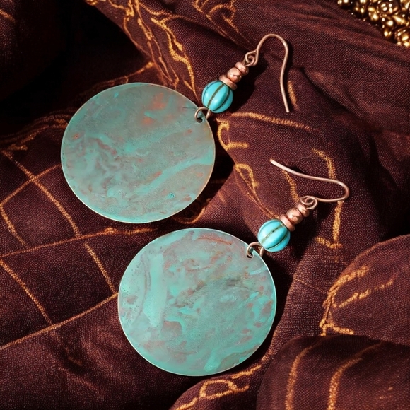 🆕️Boho Vintage Patina Disk Dangle Earrings 🌿 Trendy Ethnic Gypsy Statement ✨ - Picture 11 of 12